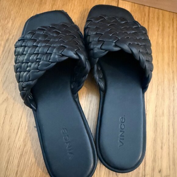 Vince Size 6.5 Black Rumi Woven Leather Slip On Comfort Flats Slide Sandals - Picture 4 of 16